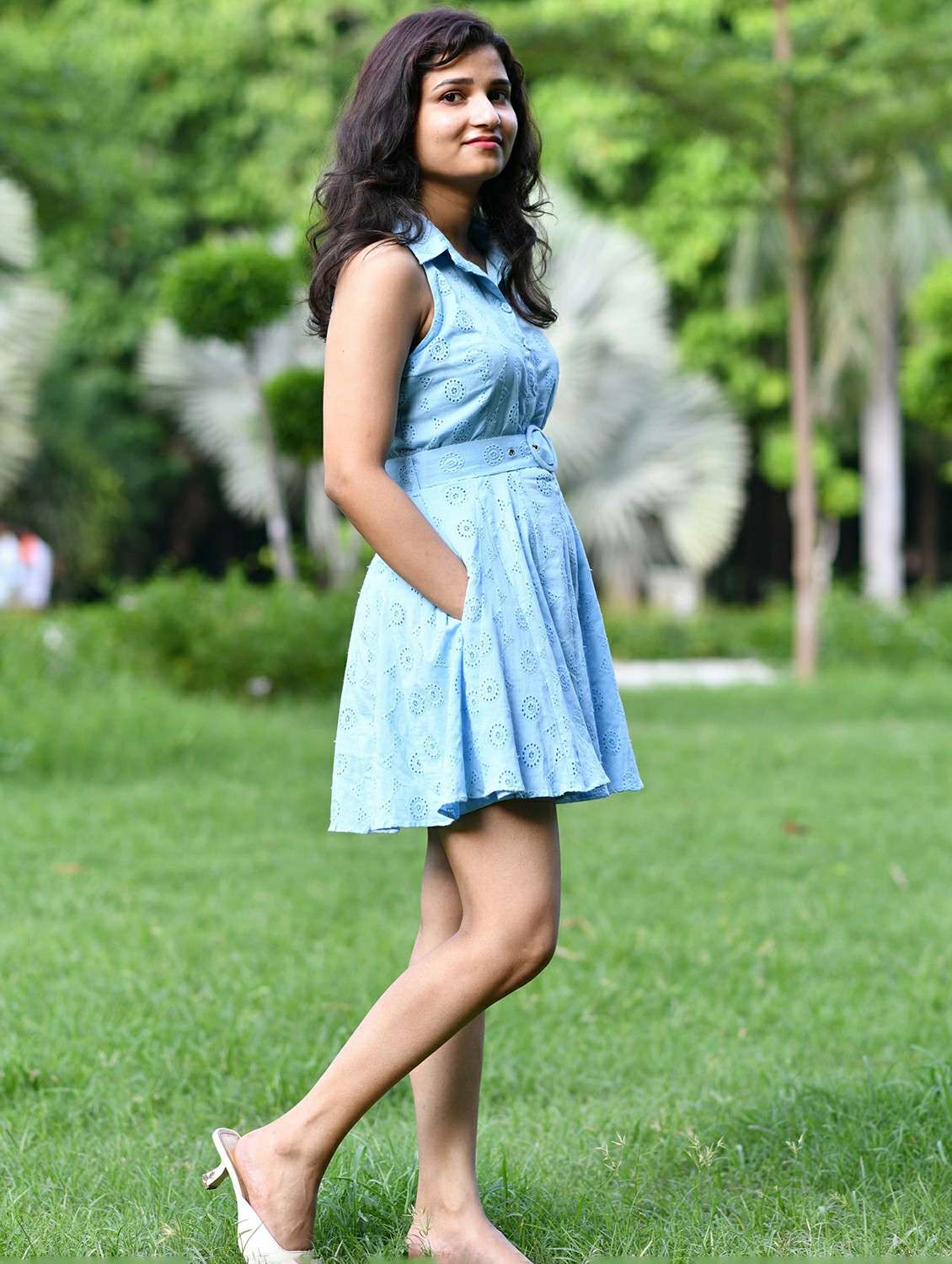 women solid halter neck schiffli fit & flare dress - 22143941 -  Standard Image - 2