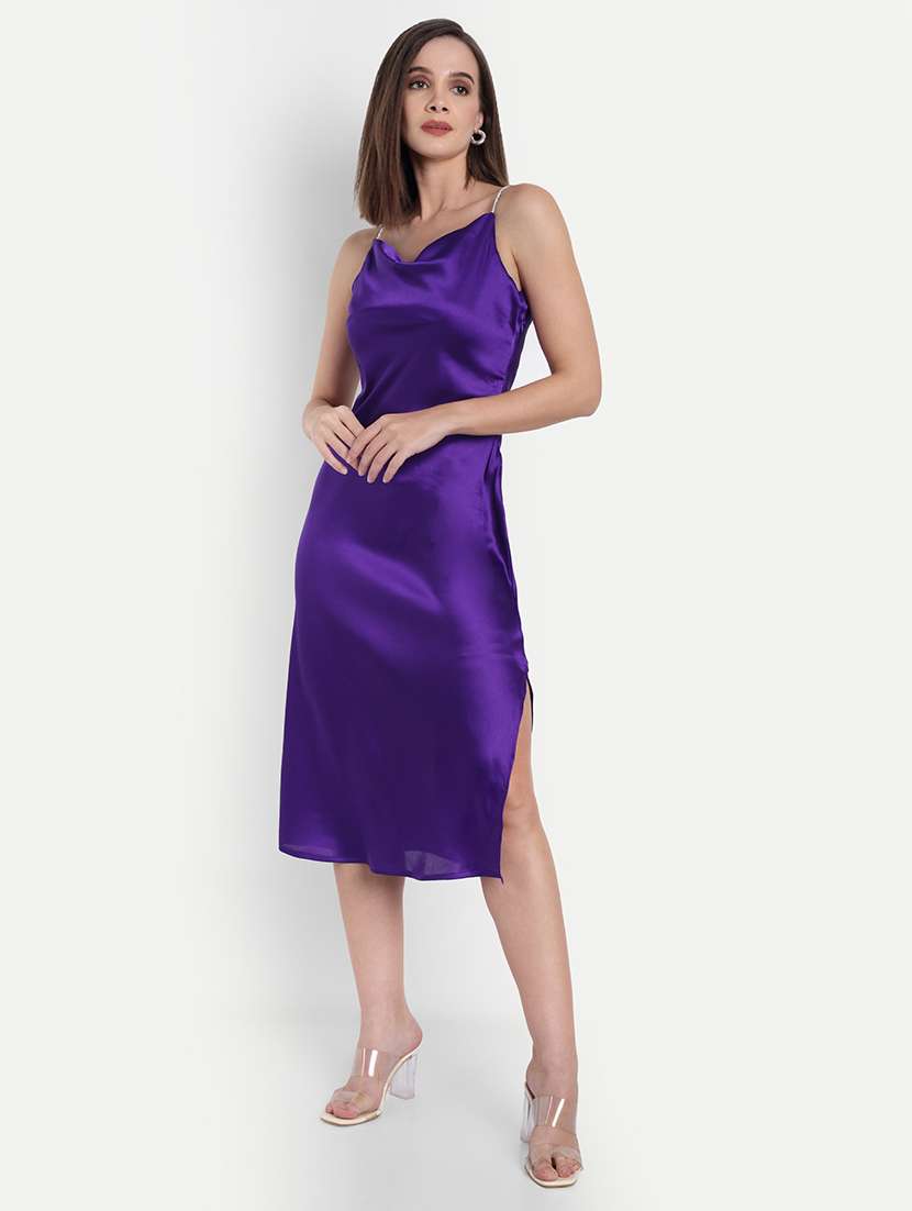 women solid cowl neck shoulder strap sheath dress - 22143946 - Standard Image - 2