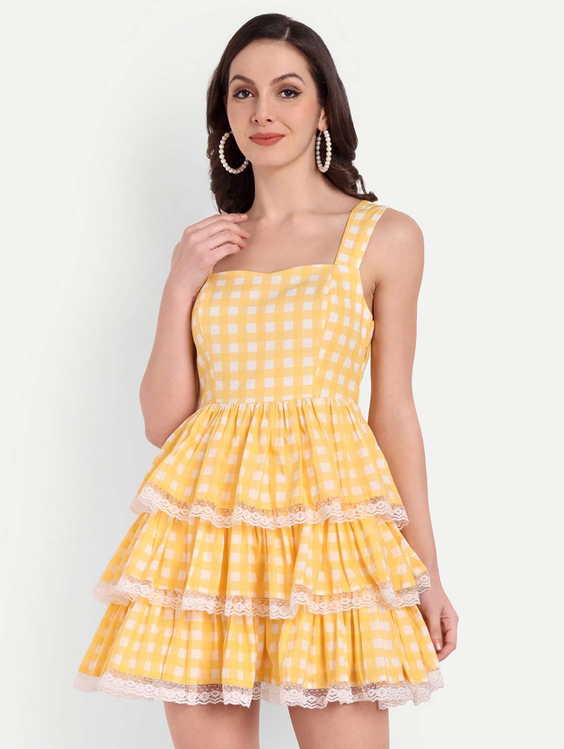 women checkered sleeveless layered dress