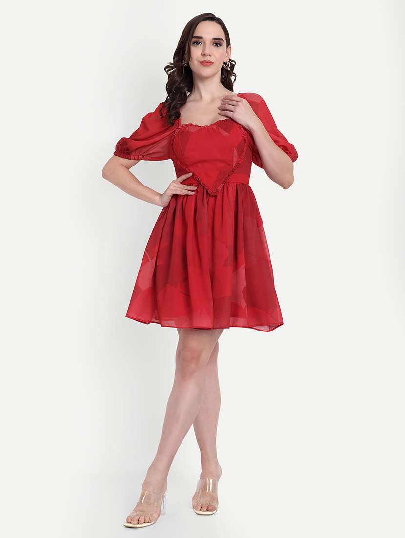 women red solid puff sleeve a-line dress