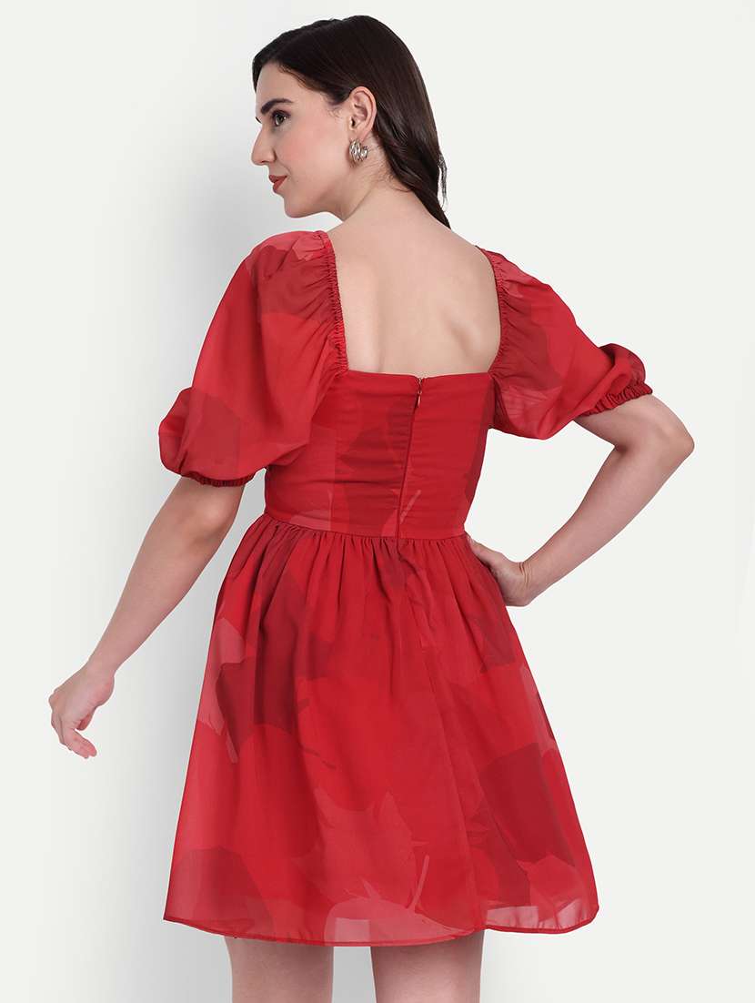 women red solid puff sleeve a-line dress - 22143960 - Standard Image - 2