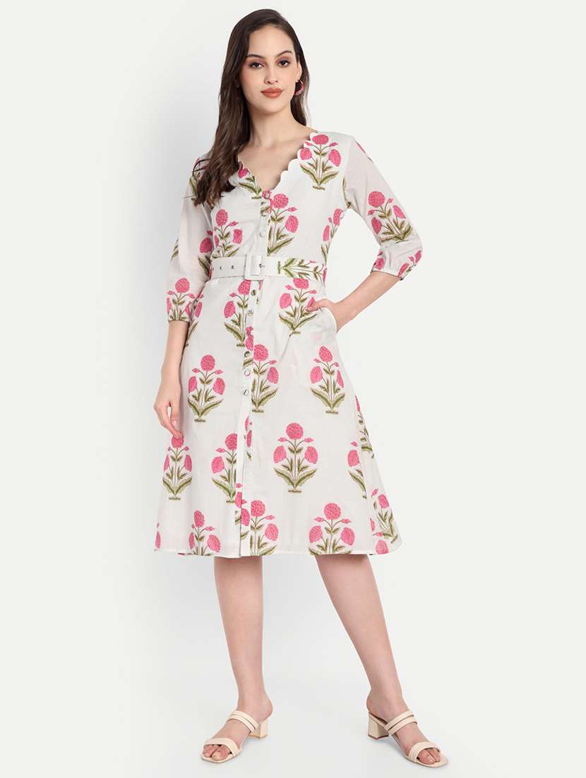 women floral print three quarter sleeve belted shirt dress
