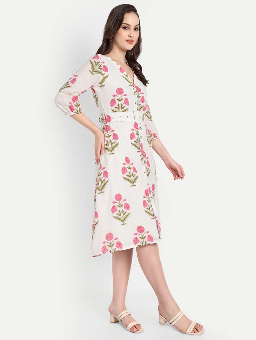 women floral print three quarter sleeve belted shirt dress - 22143969 - Standard Image - 2