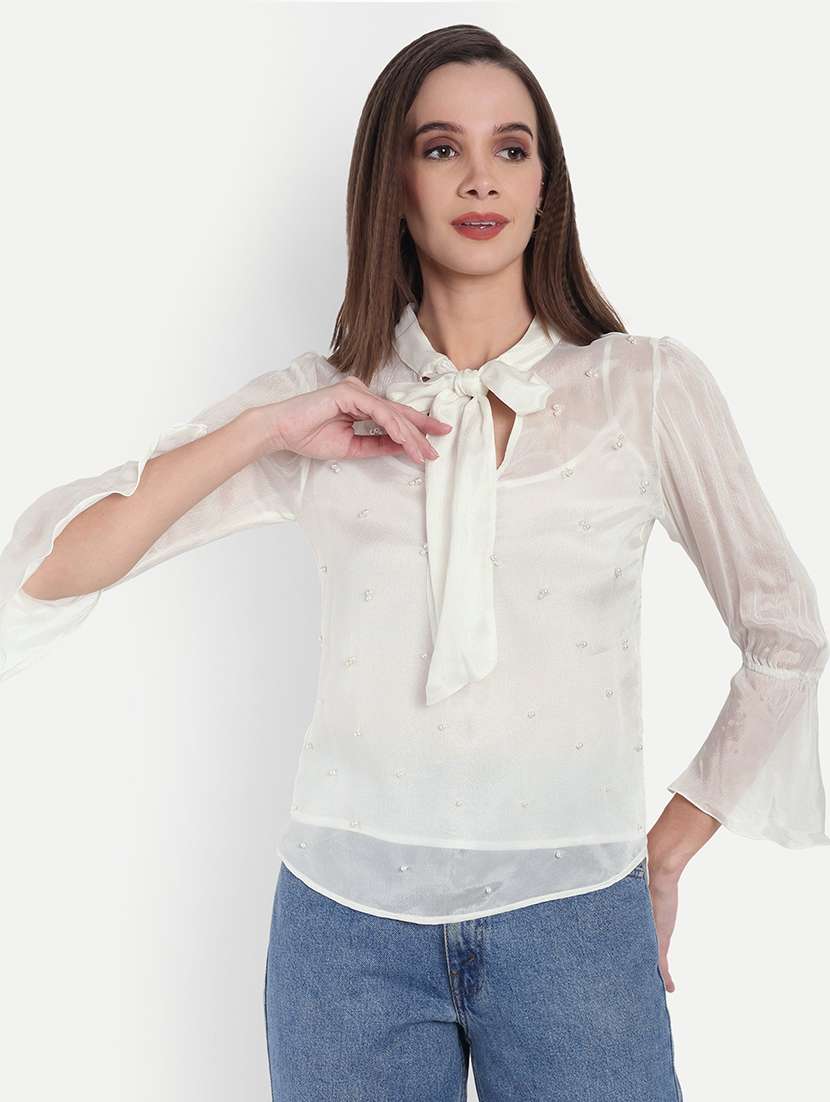 women embellished bell sleeve sheer top