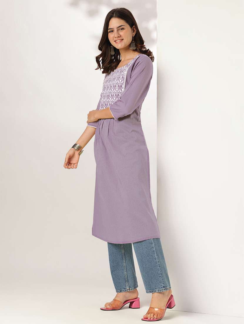 women embroidered three quarter sleeve a-line kurta - 22144652 -  Standard Image - 2
