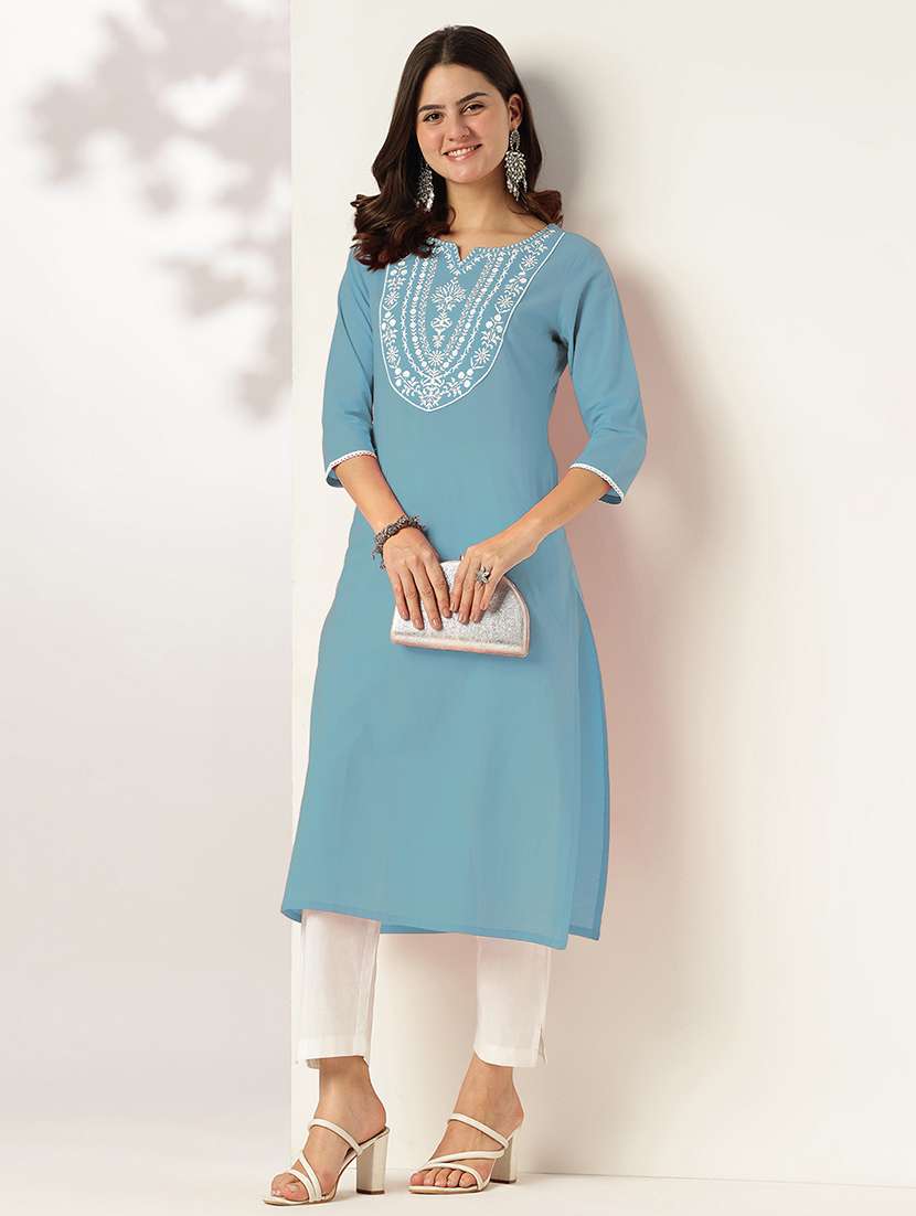 women embroidered three quarter sleeve straight kurta