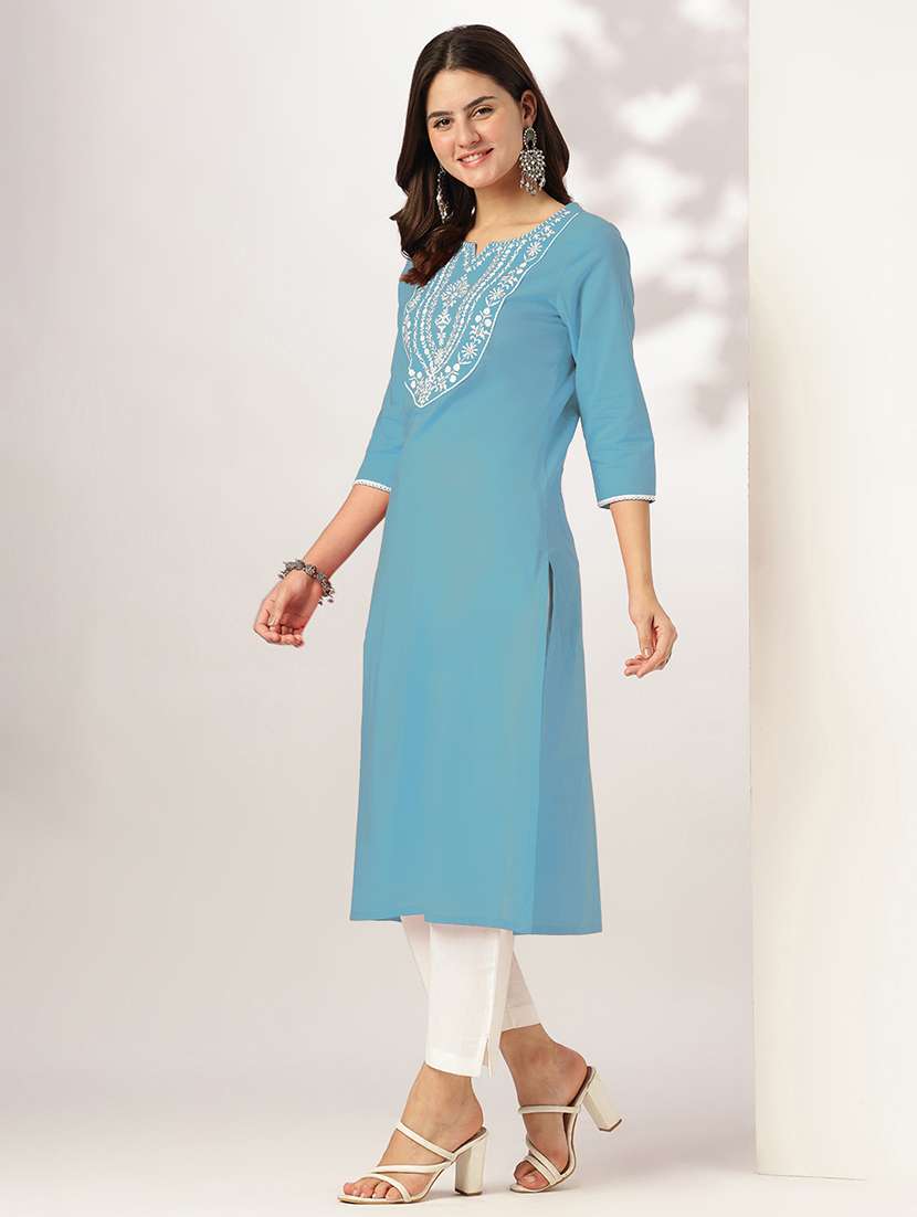 women embroidered three quarter sleeve straight kurta - 22144657 -  Standard Image - 2
