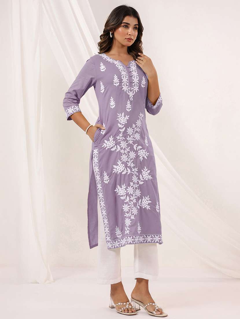 women embroidered three quarter sleeve straight kurta - 22144658 -  Standard Image - 2