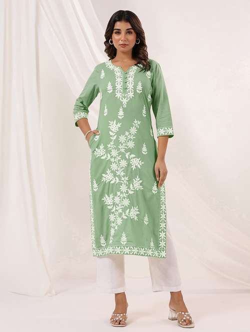 women embroidered three quarter sleeve straight kurta - 22144659 -  Standard Image - 0