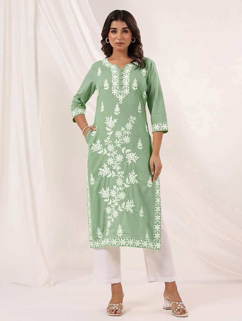 women embroidered three quarter sleeve straight kurta