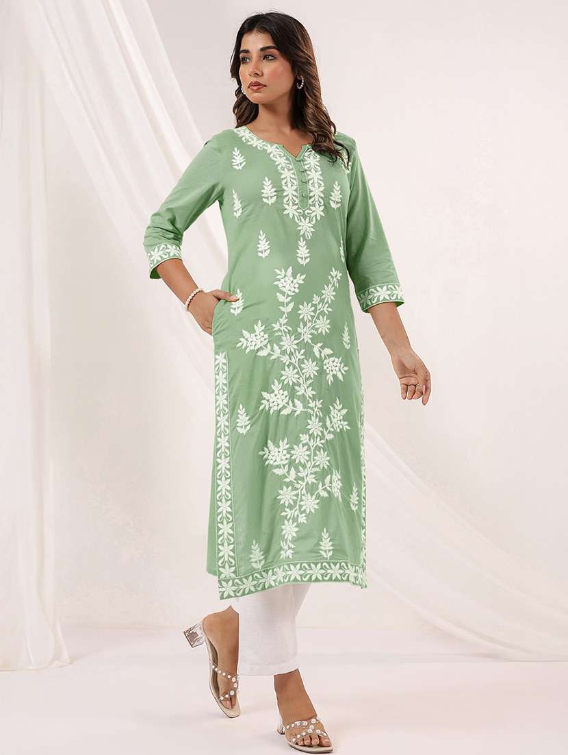 women embroidered three quarter sleeve straight kurta - 22144659 - Standard Image - 2