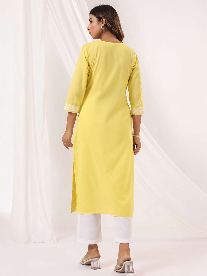 women embroidered three quarter sleeve straight kurta - 22144660 -  Standard Image - 2