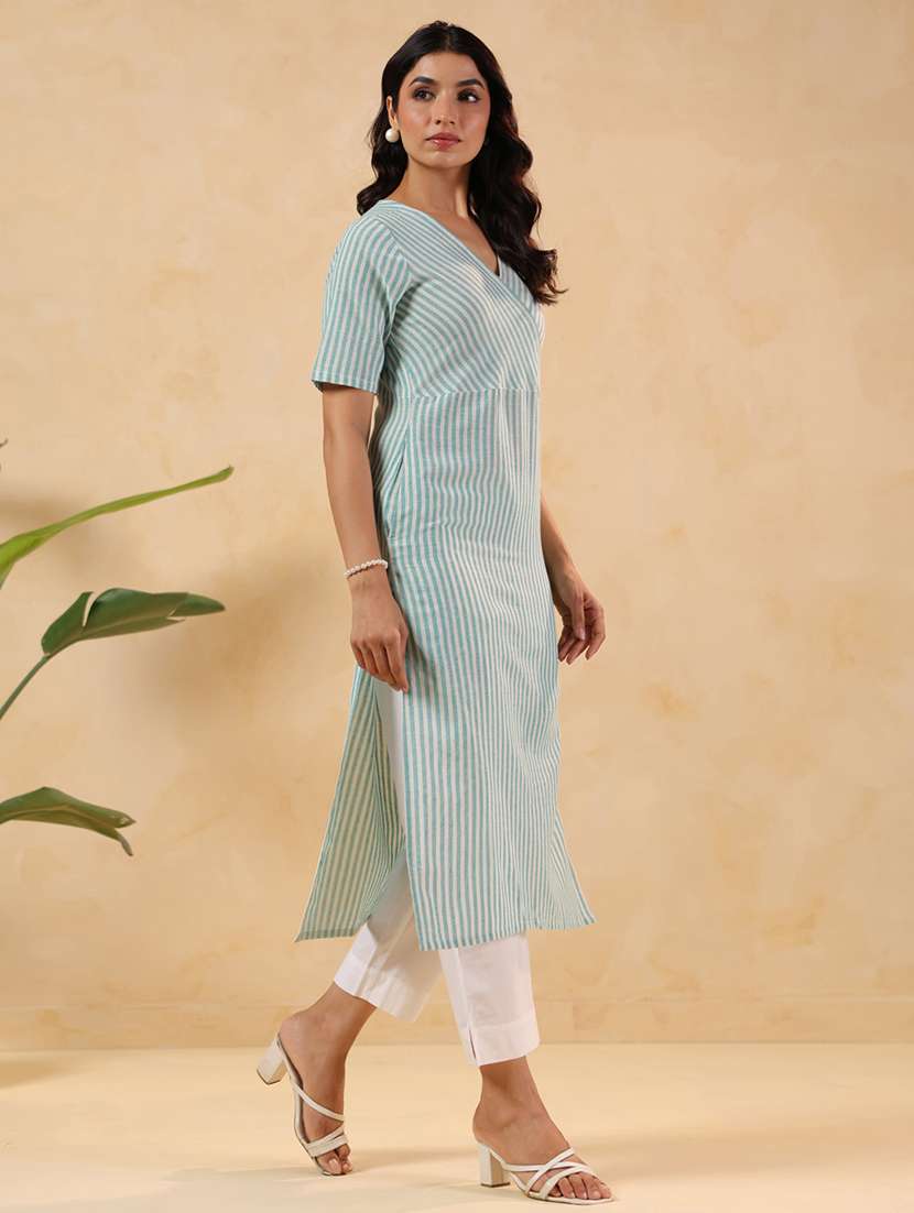 women striped short sleeve straight kurta - 22144662 -  Standard Image - 2