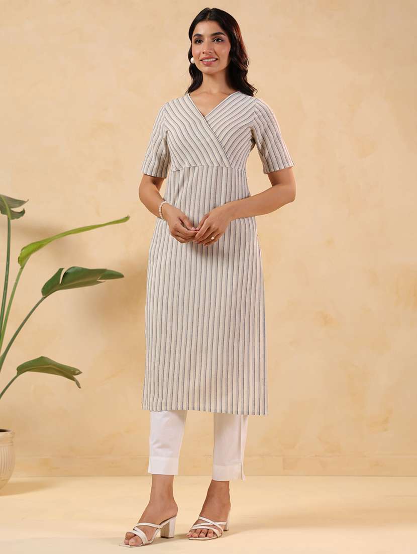 women striped short sleeve straight kurta - 22144663 -  Standard Image - 2
