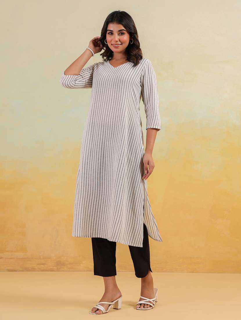 women striped three quarter sleeve a-line kurta - 22144666 - Standard Image - 2