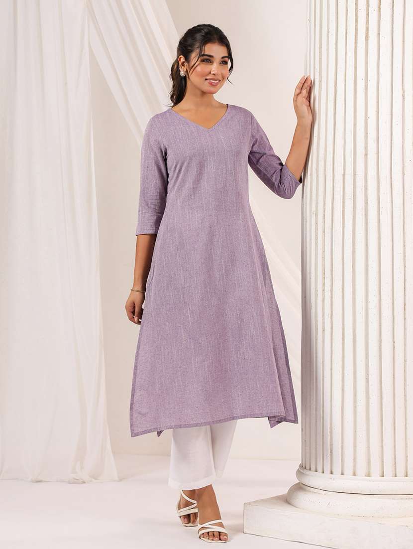 women solid three quarter sleeve a-line kurta
