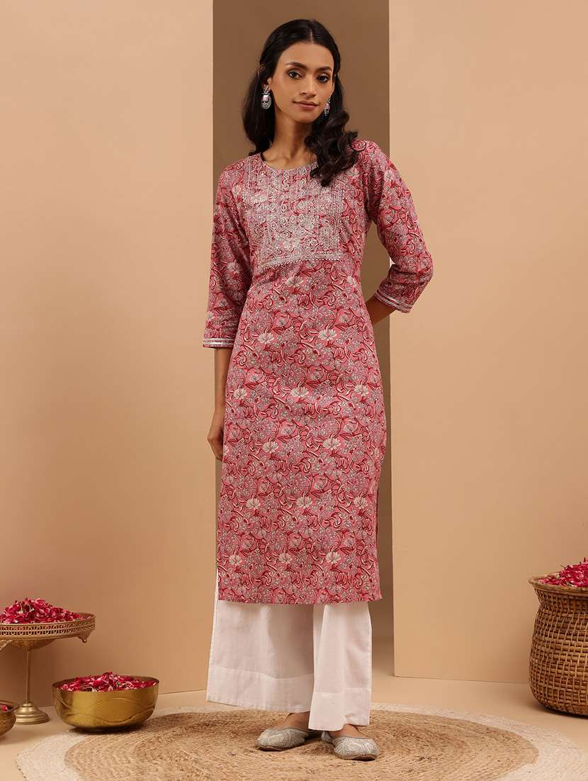 women floral three quarter sleeve straight kurta