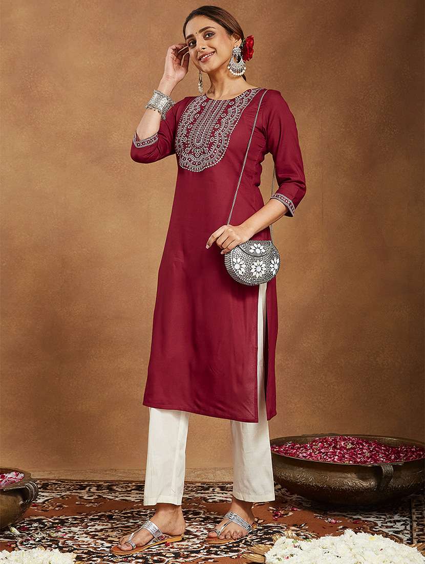 women embroidered three quarter sleeve straight kurta - 22144670 -  Standard Image - 2