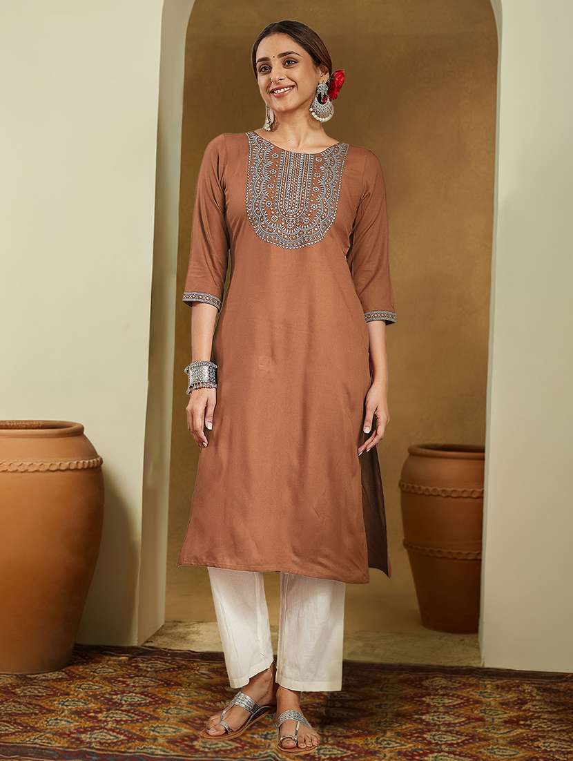women embroidered three quarter sleeve straight kurta - 22144671 -  Standard Image - 2