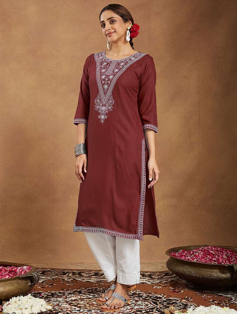 women embroidered three quarter sleeve straight kurta - 22144673 - Standard Image - 2