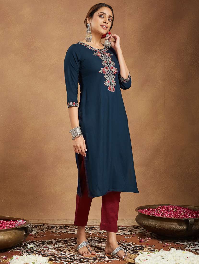 women embroidered three quarter sleeve straight kurta - 22144675 -  Standard Image - 2