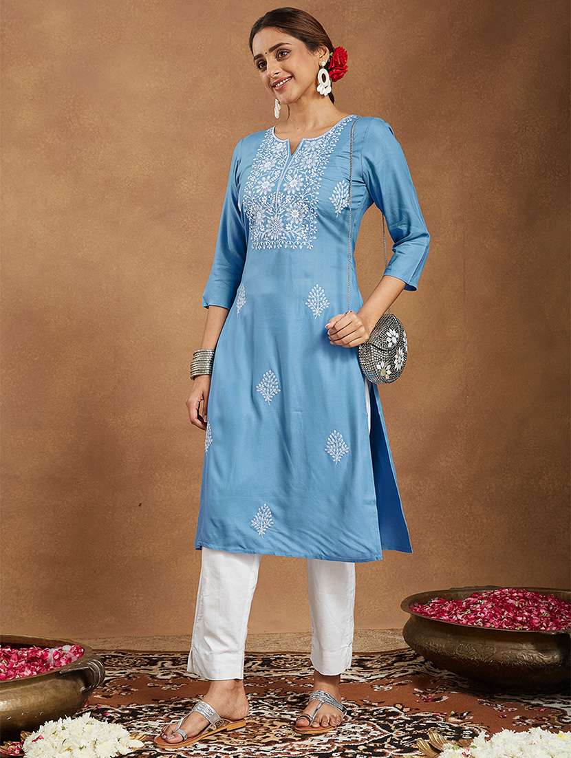 women embroidered three quarter sleeve straight kurta