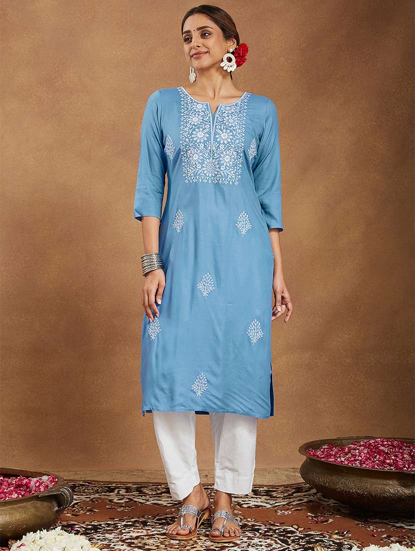 women embroidered three quarter sleeve straight kurta - 22144676 - Standard Image - 2