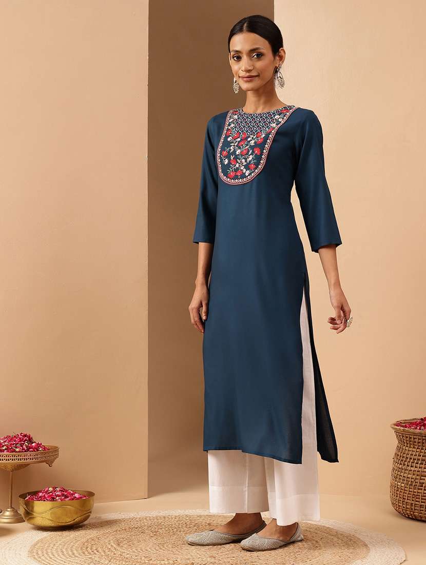 women embroidered three quarter sleeve straight kurta - 22144677 -  Standard Image - 2
