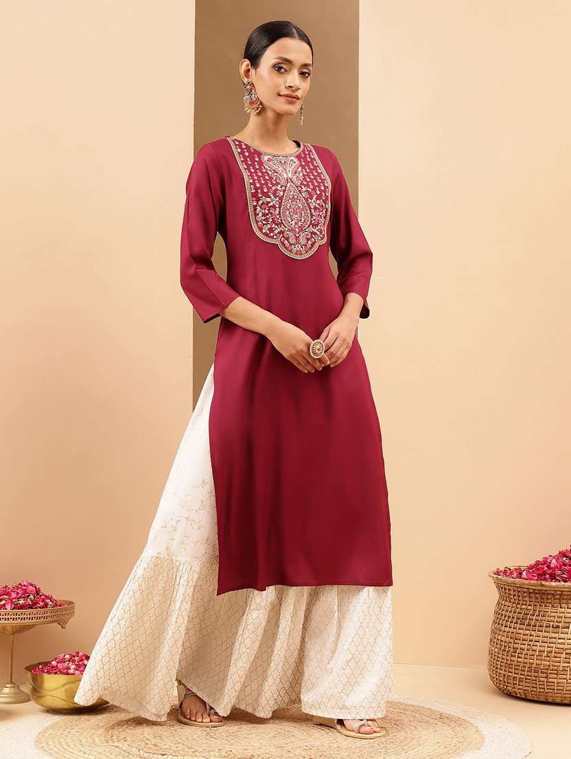 women embroidered three quarter sleeve straight kurta - 22144678 -  Standard Image - 2
