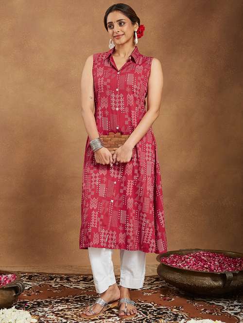 women printed sleeveless a-line kurta - 22144679 -  Standard Image - 0