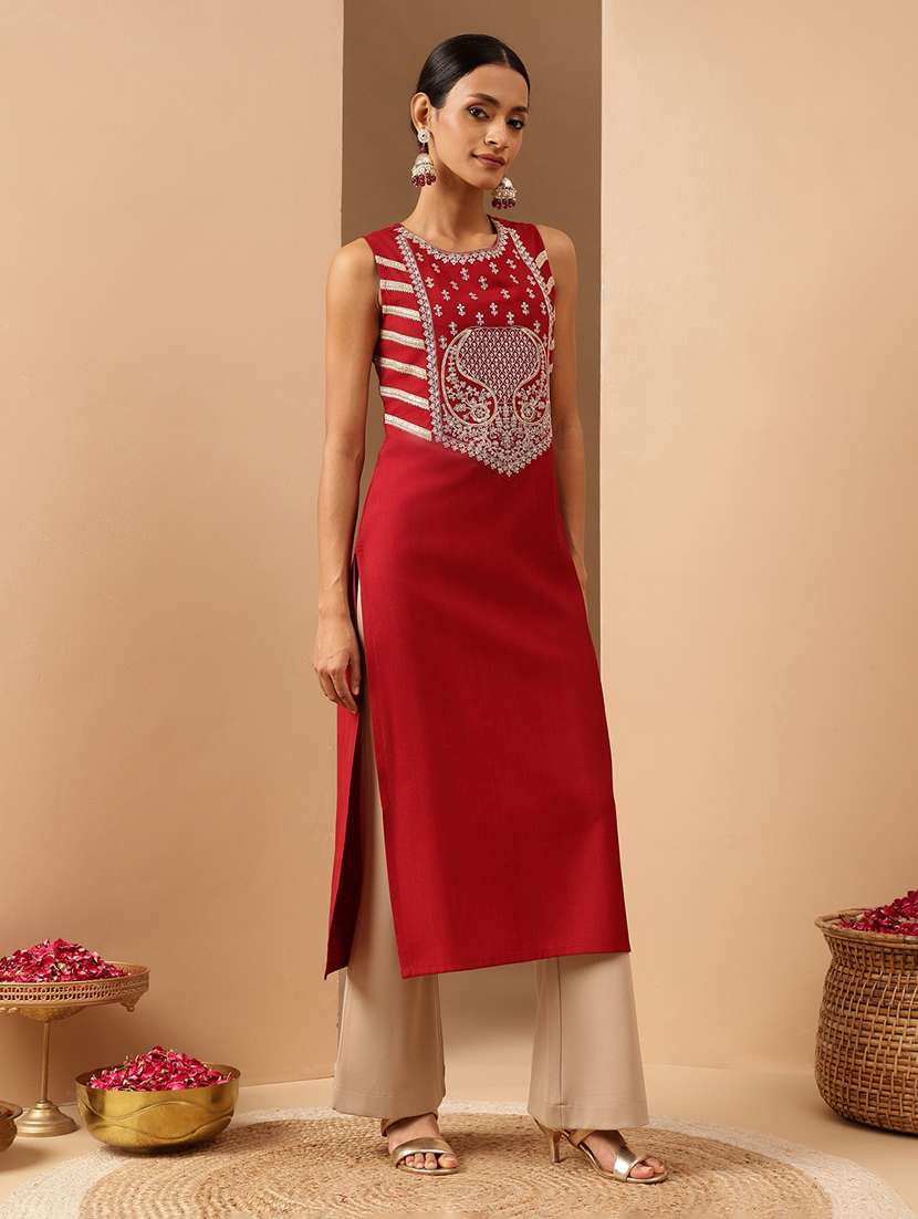 women solid with work sleeveless straight kurta - 22144680 -  Standard Image - 2