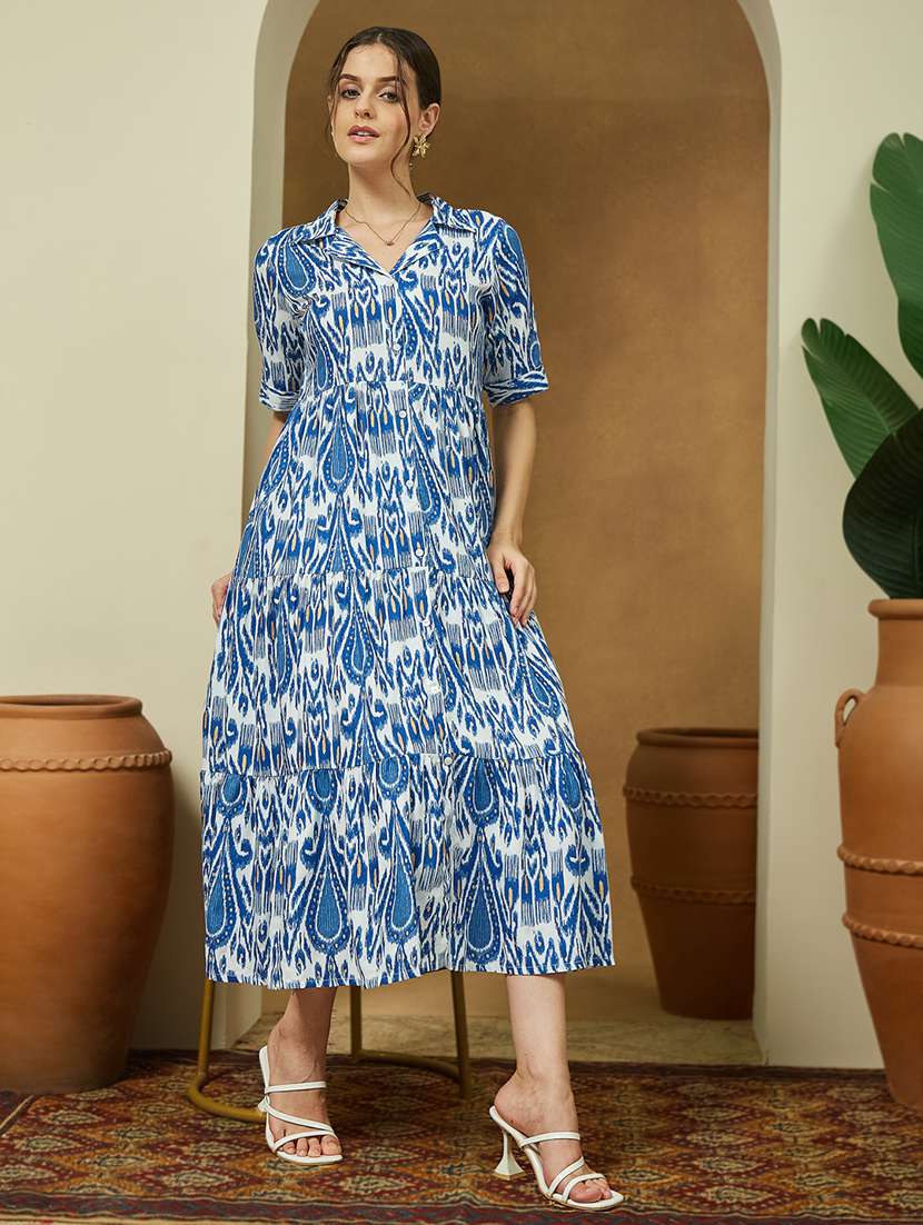 women ikat printed elbow length tiered dress - 22144872 -  Standard Image - 2
