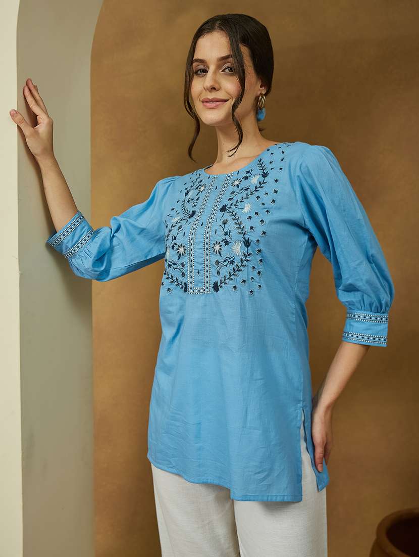 women embroidered three quarter sleeve straight kurti - 22144873 - Standard Image - 2