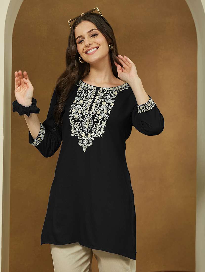 women embroidered three quarter sleeve straight kurti