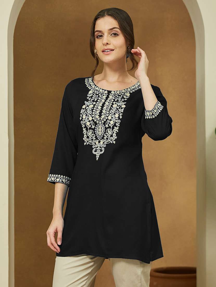 women embroidered three quarter sleeve straight kurti - 22144875 - Standard Image - 2