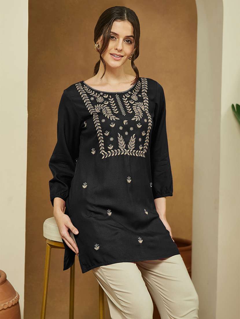 women embroidered three quarter sleeve straight kurti - 22144877 -  Standard Image - 2