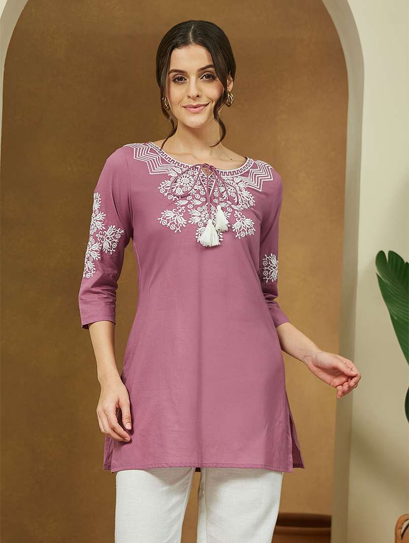 women embroidered three quarter sleeve straight kurti