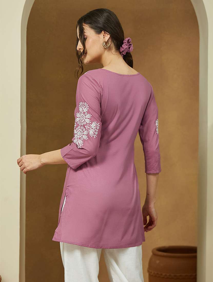 women embroidered three quarter sleeve straight kurti - 22144879 -  Standard Image - 2