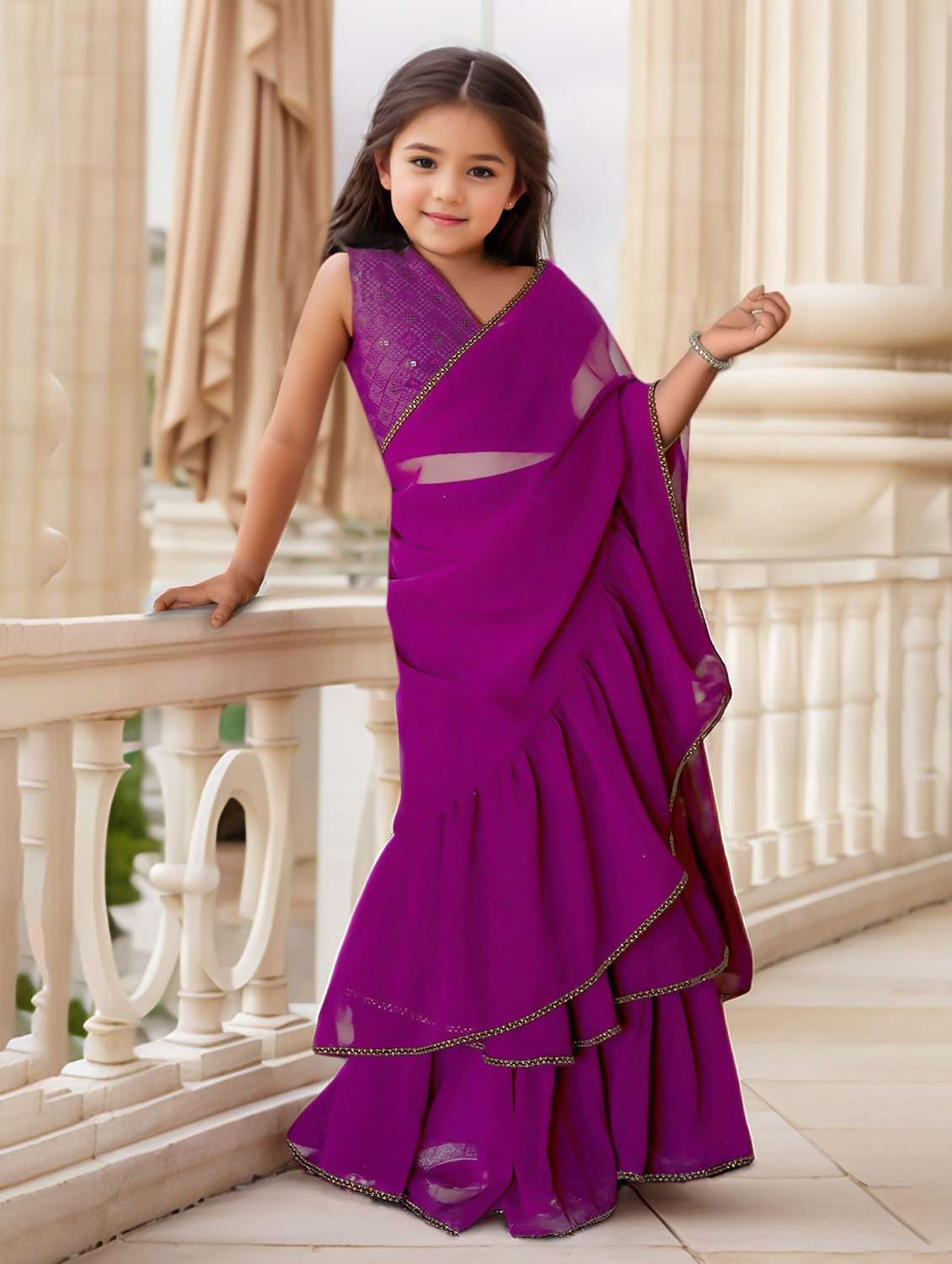 girls printed pre draped lehenga and choli with dupatta - 22144889 - Standard Image - 2