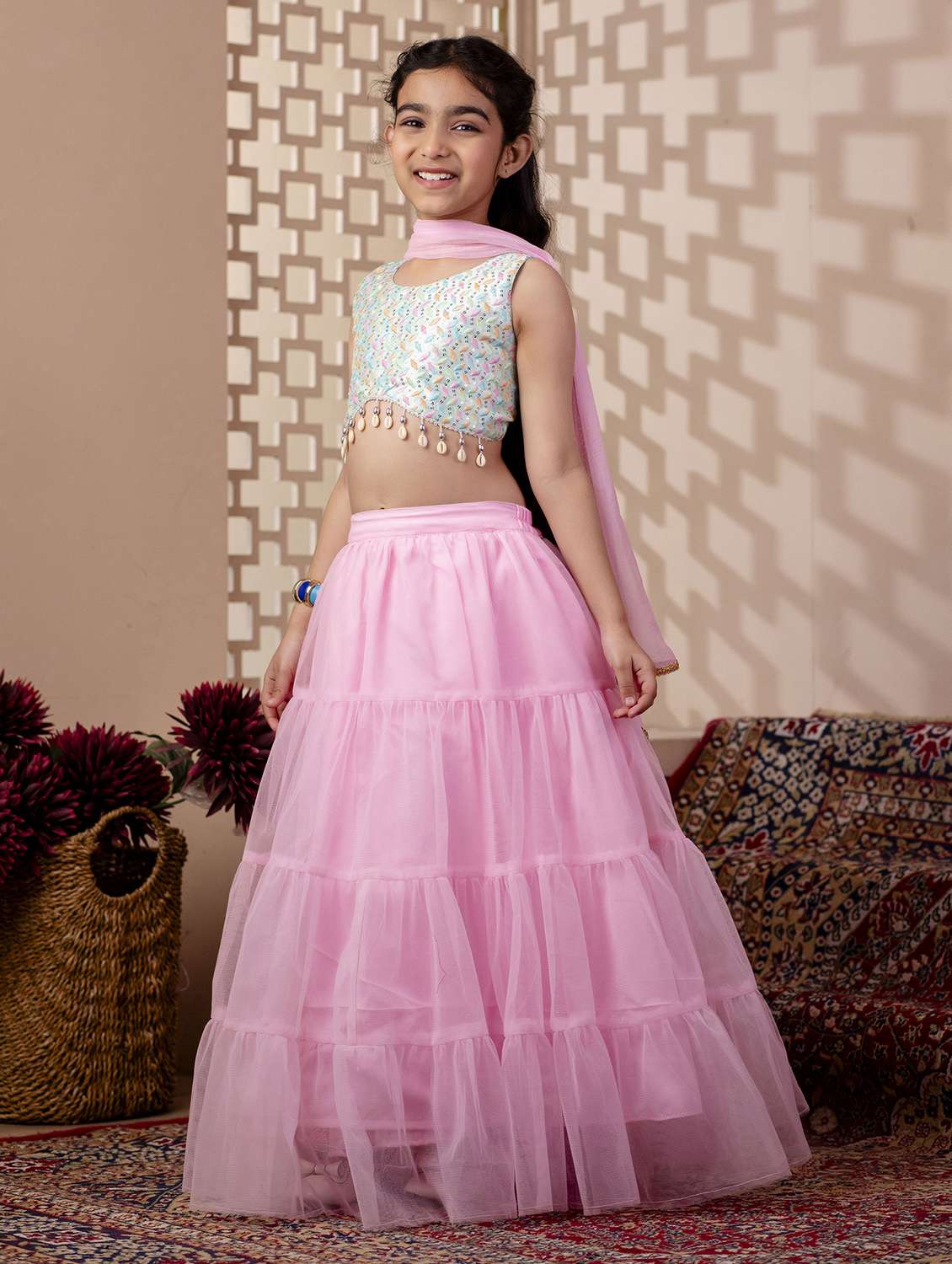 girls embroidered lehenga and choli with dupatta - 22144895 - Standard Image - 2