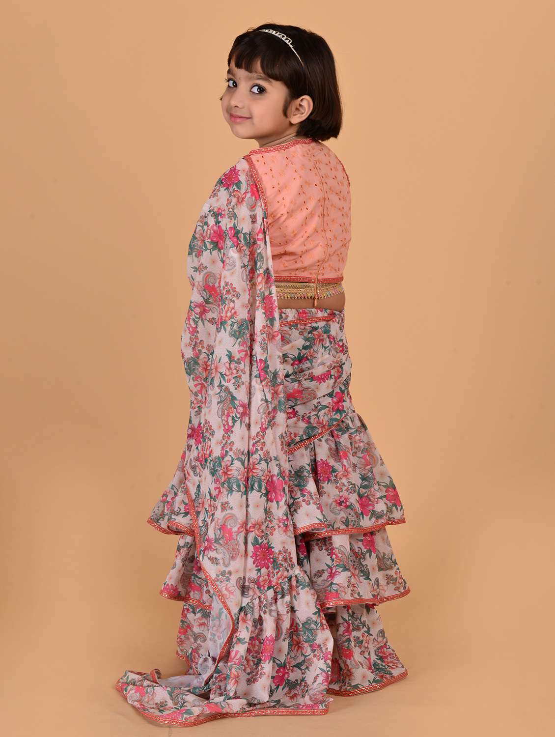 girls floral print pre draped saree - 22144896 -  Standard Image - 2