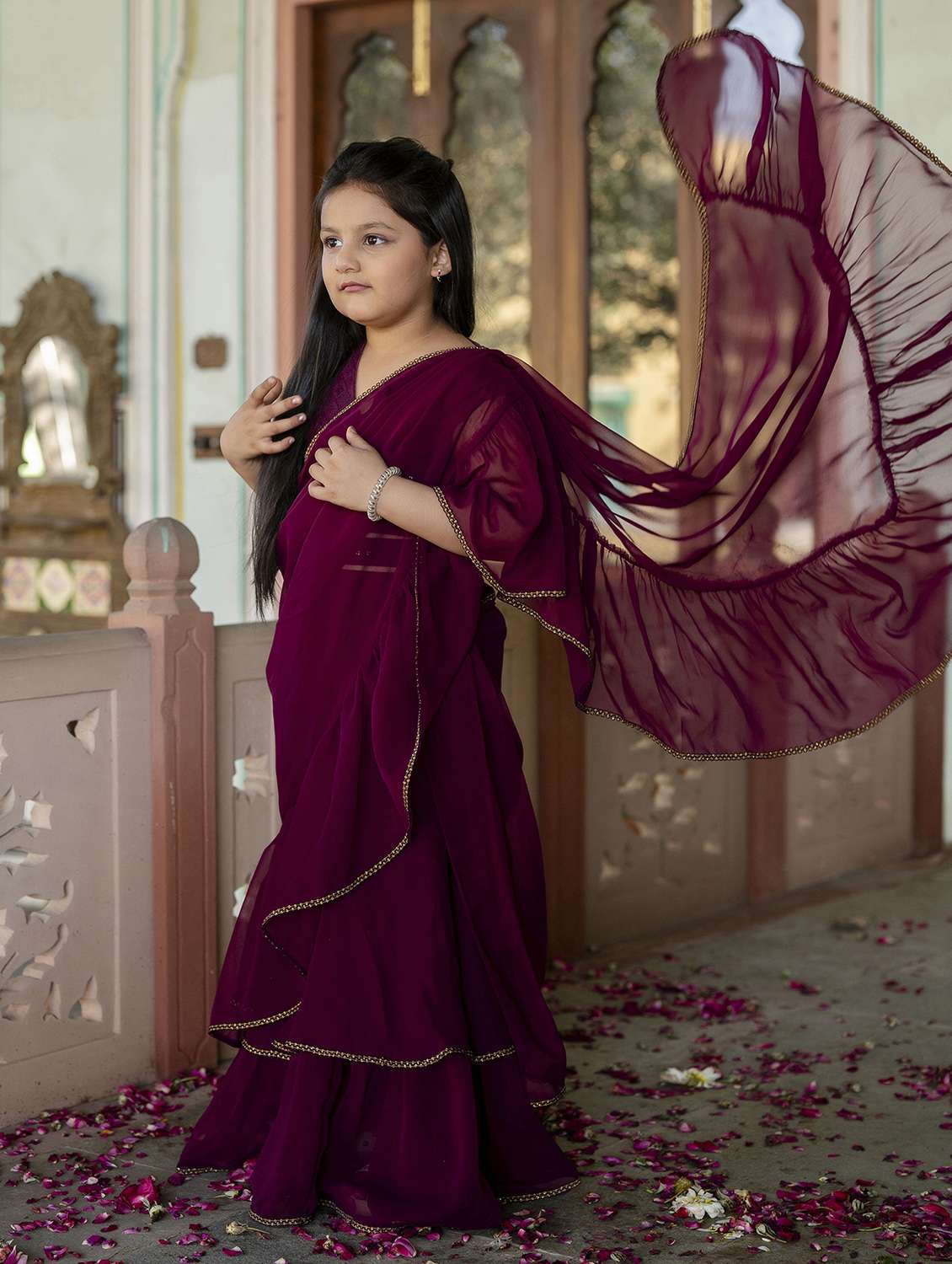 girls solid pre draped ruffled saree - 22144898 -  Standard Image - 2