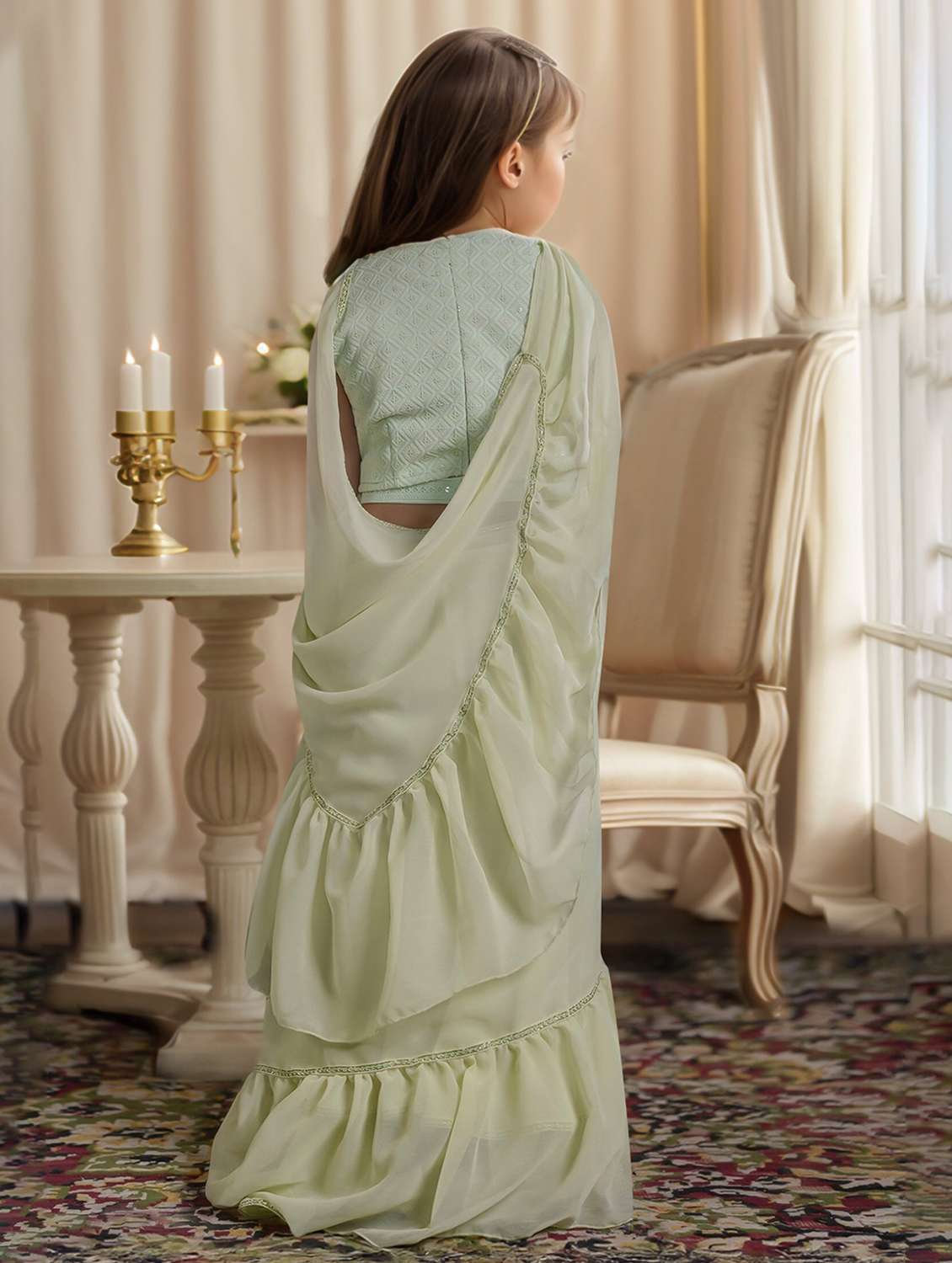 girls solid pre draped ruffled saree - 22144899 -  Standard Image - 2