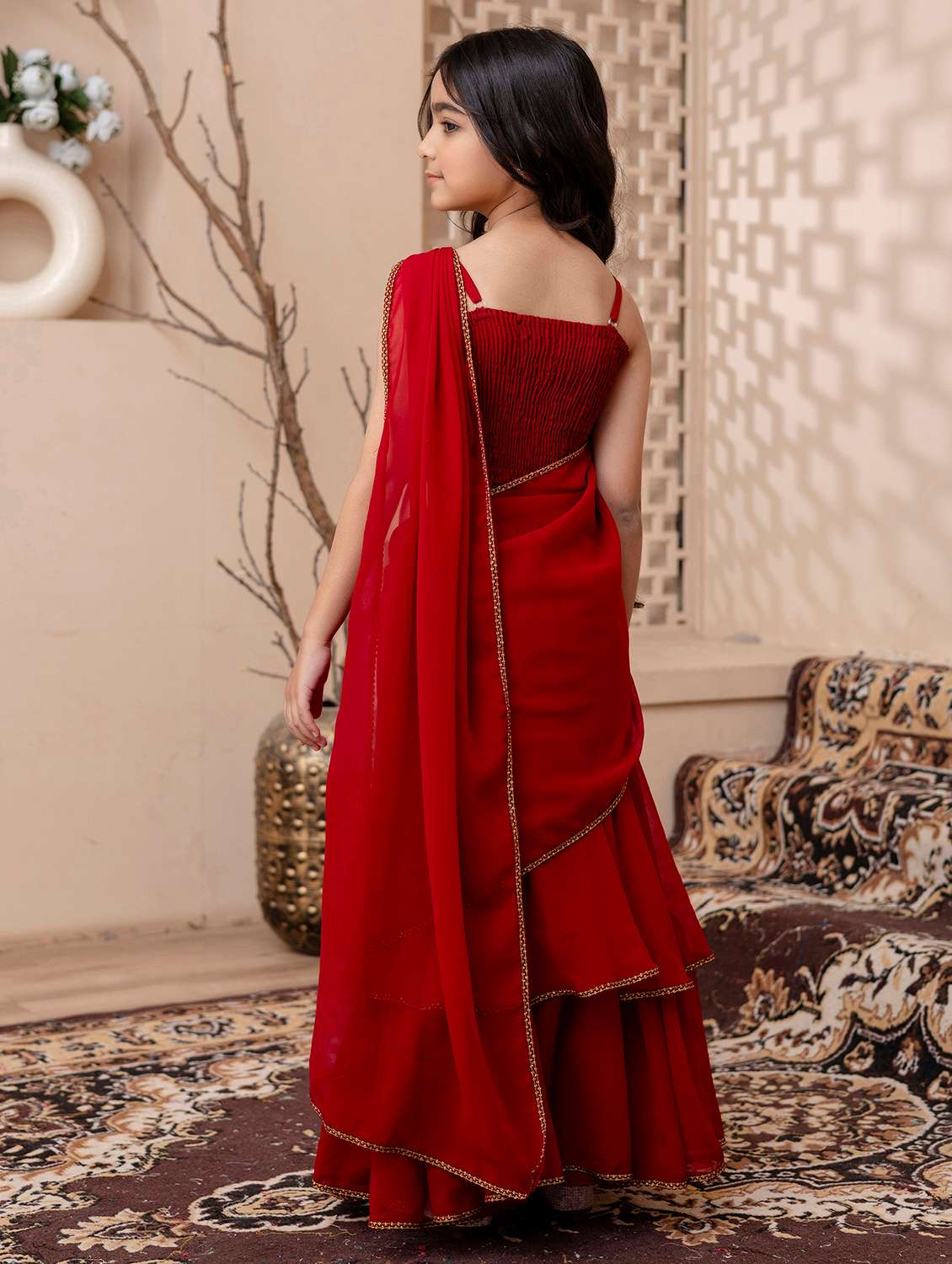 Girls Solid Pre Dreaped Saree With Embroidered Jacket - 22144923 -  Standard Image - 2