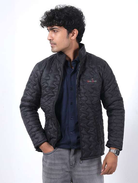 men solid long sleeve stand collar puffer jacket