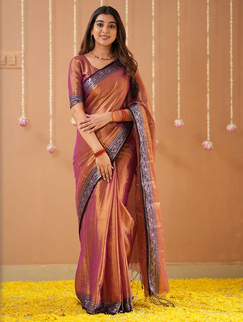 women solid with bordered handloom saree with blouse - 22145099 -  Standard Image - 2