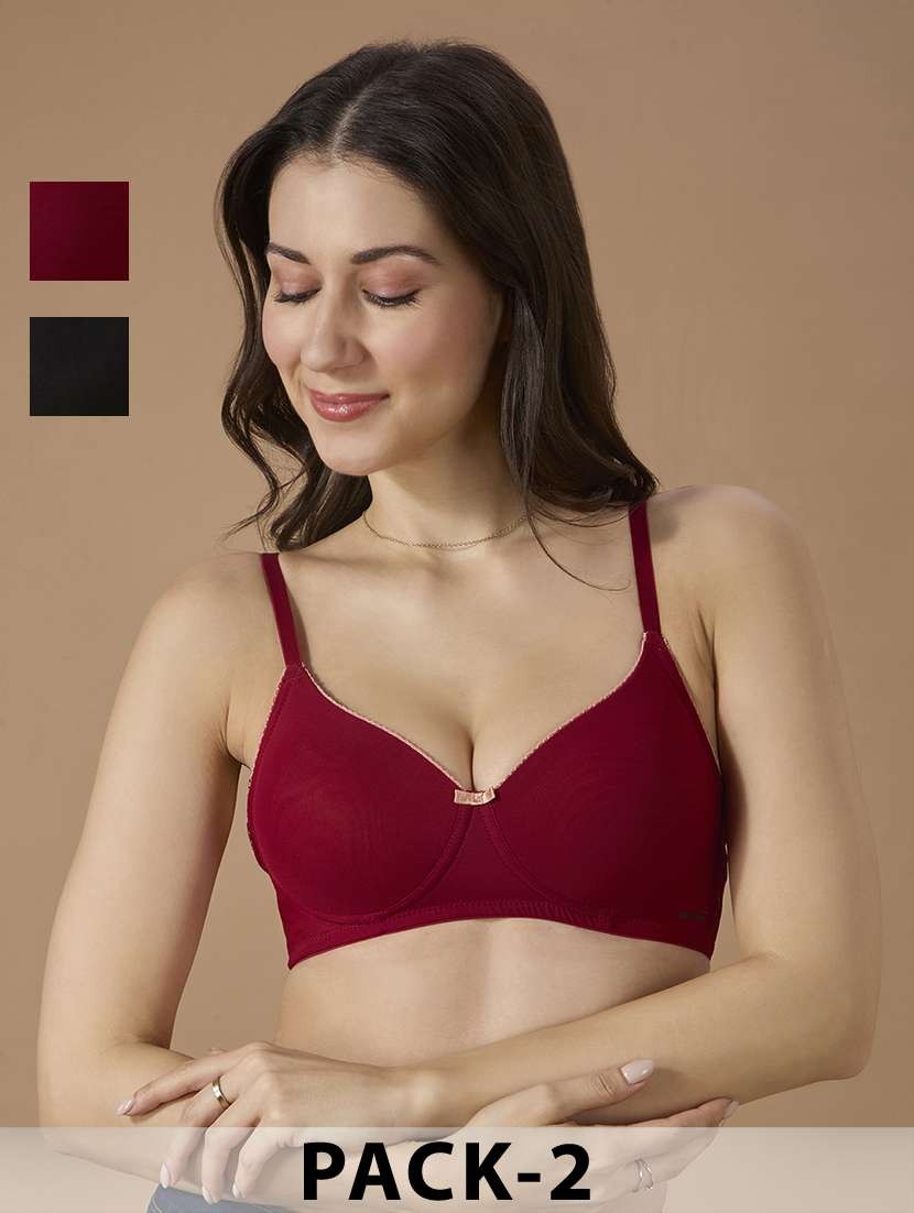 women pack of 2 solid non-wired lightly padded bra