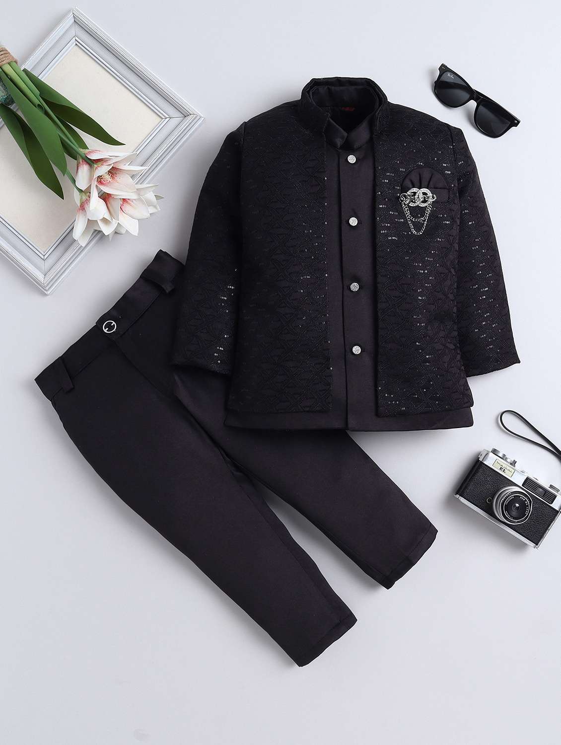 boys embroidered mandarin neck sherwani set