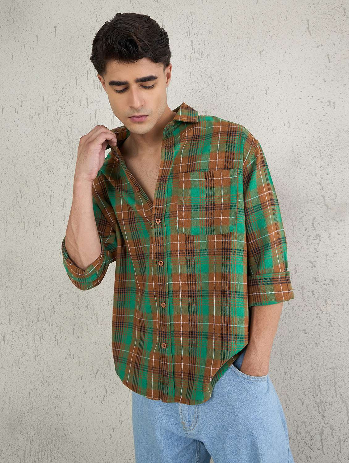 men checkered long sleeve oversized casual shirt