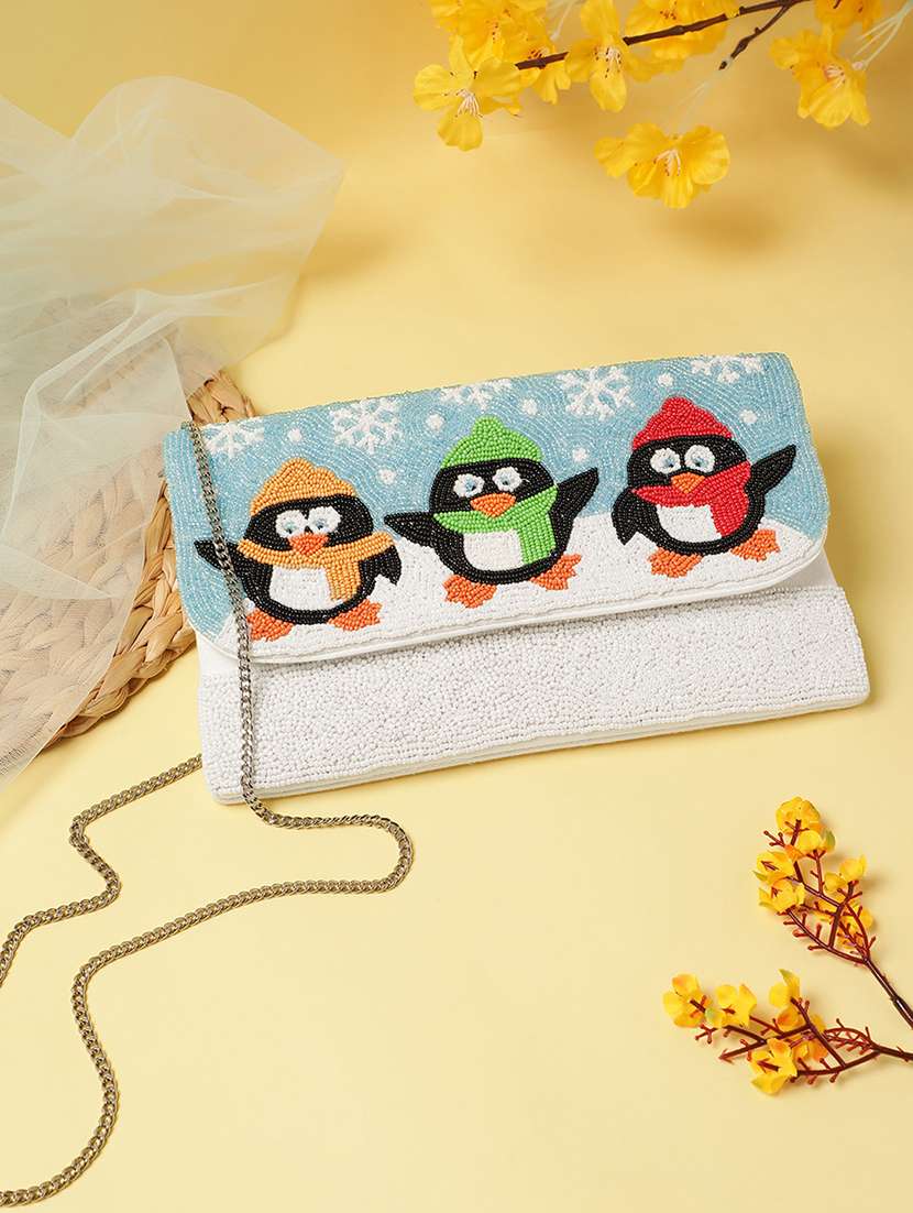 beaded sling bag with embellished penguins